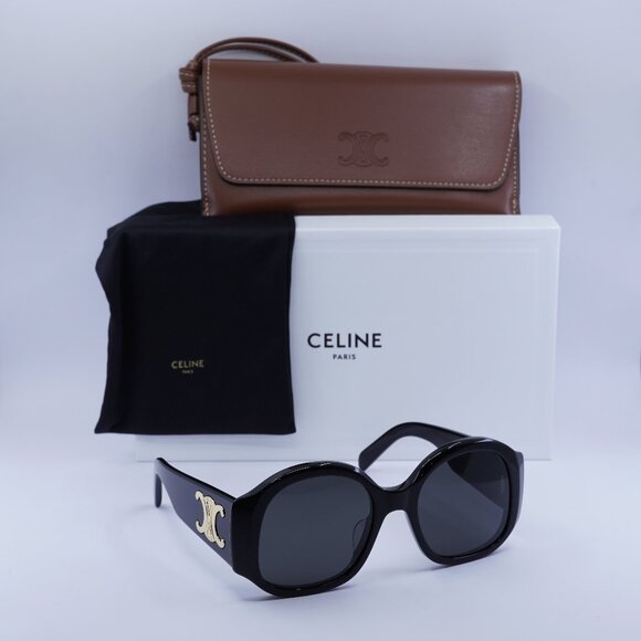 Celine CL40305U 01A Round Sunglasses - Shiny Black/Grey - Picture 1 of 9